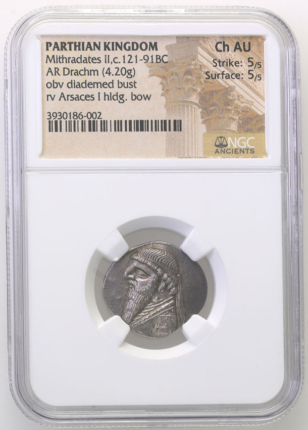Antyk. Partia. Mitrydates II 121-91 p.n.e. AR Drachma NGC Ch AU